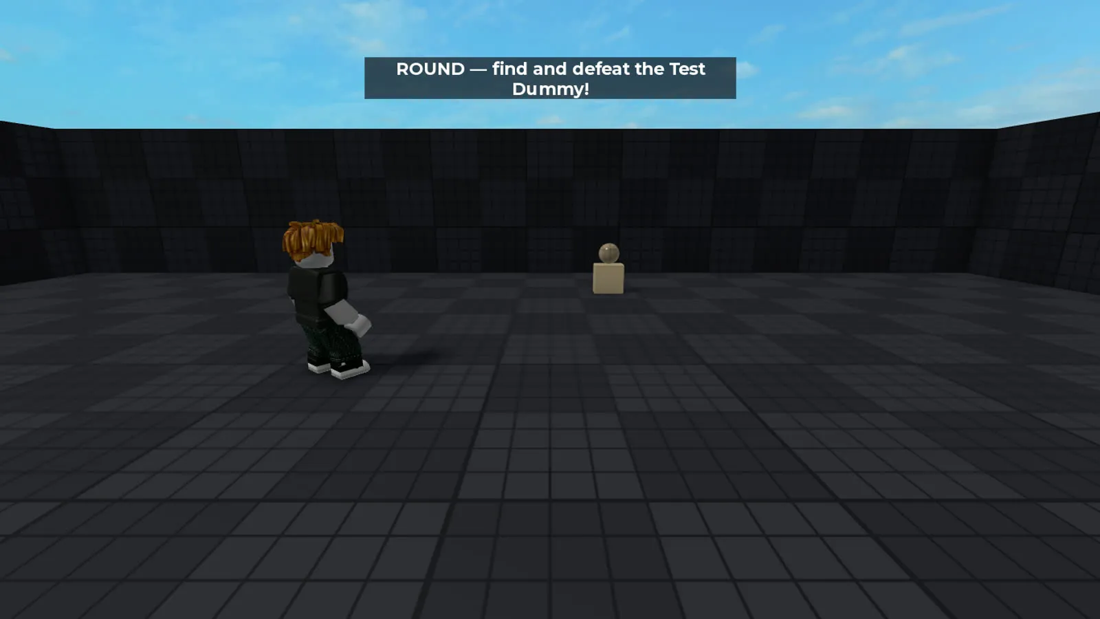 A player standing in the code-built arena facing the test dummy target, with the live ROUND status banner visible