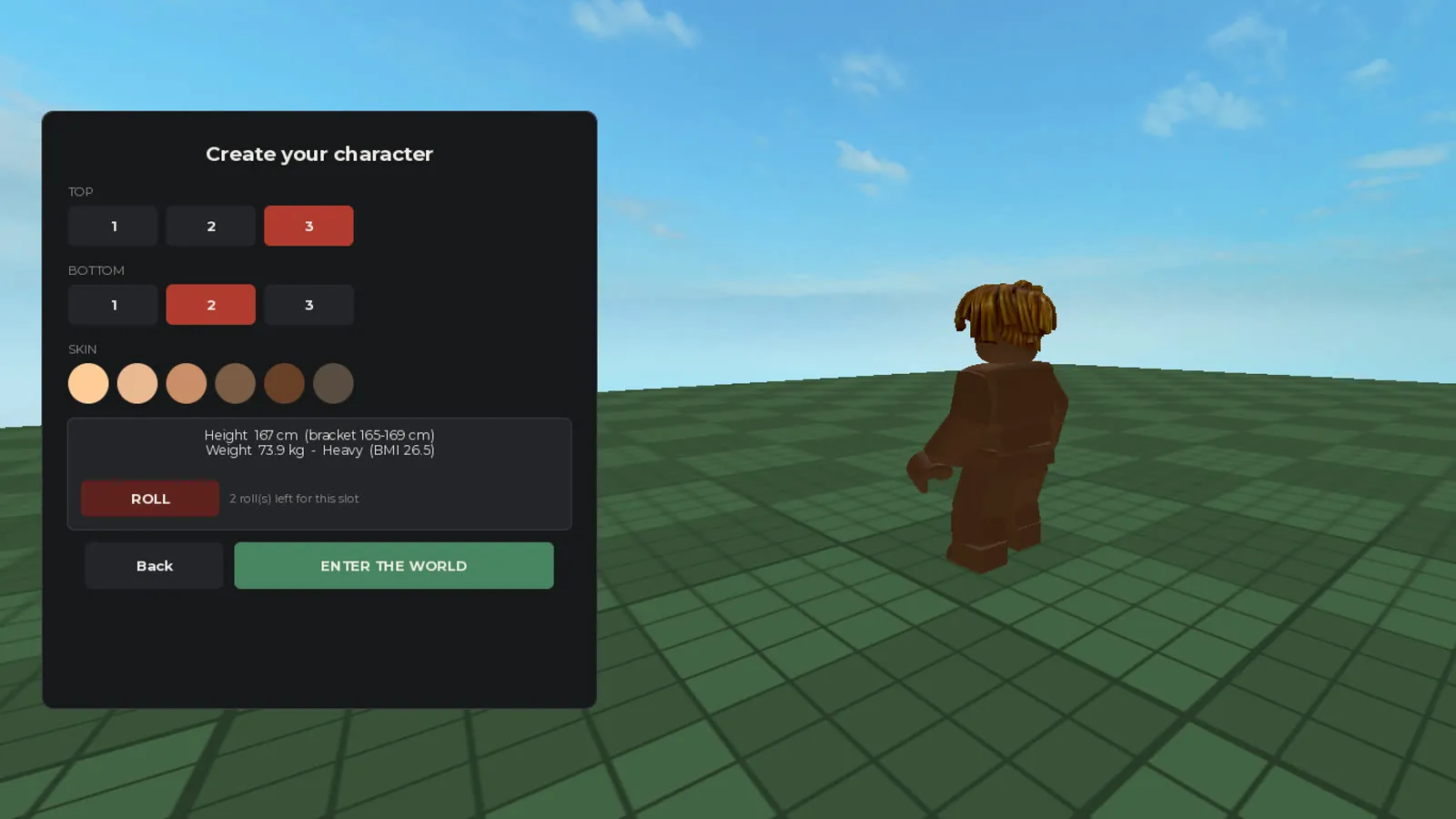 The character creation menu open with rolled height and weight, next to the manually-scaled R6 character it produced