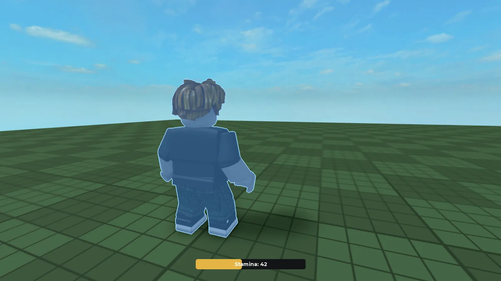 A player character with a replicated sprint aura outline, with the stamina bar visibly depleted below