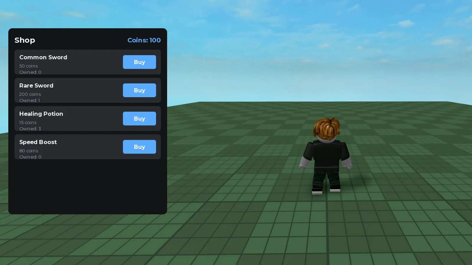 The shop panel open showing a catalog of items with prices, owned counts, and the player's coin balance